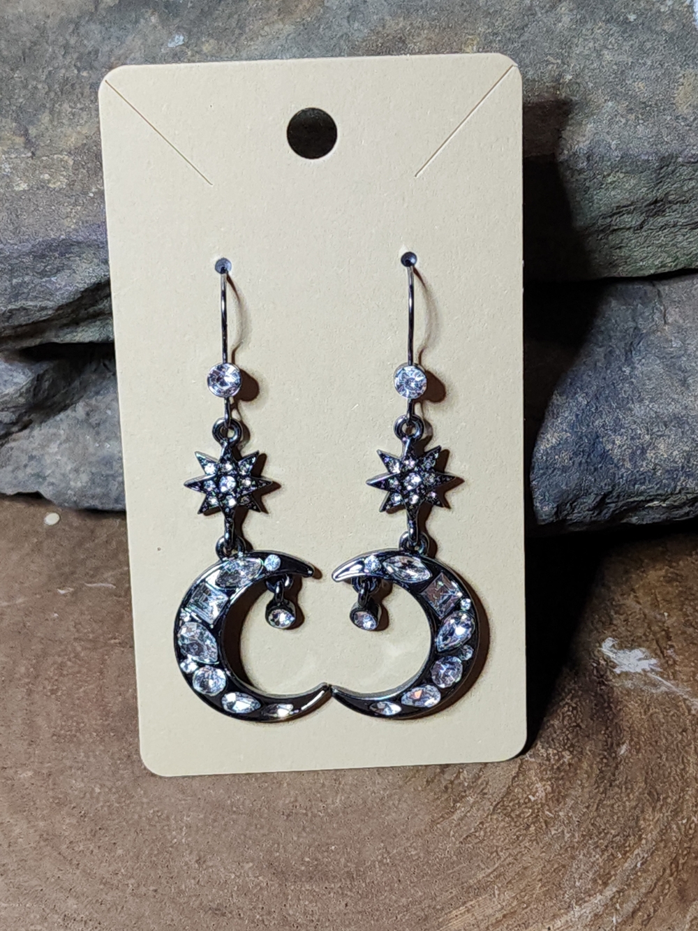 Crescent Moon & Star Drop Earrings with Clear Crystal Rhinestones